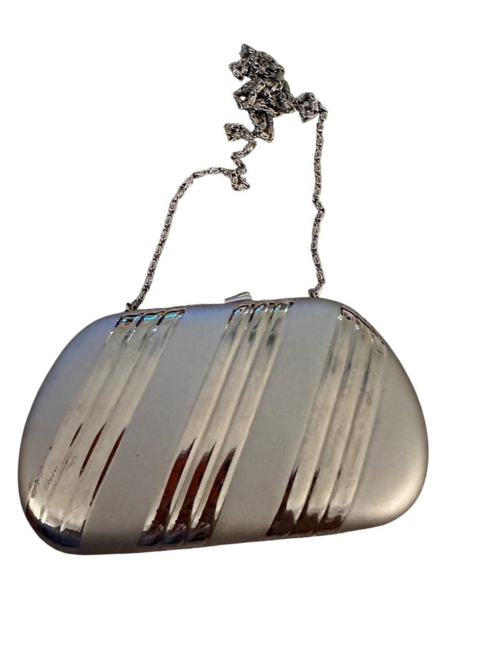 Vintage Womens Ribbed Silver-toned Metal Clutch Bag Snap Detachable Chain Strap